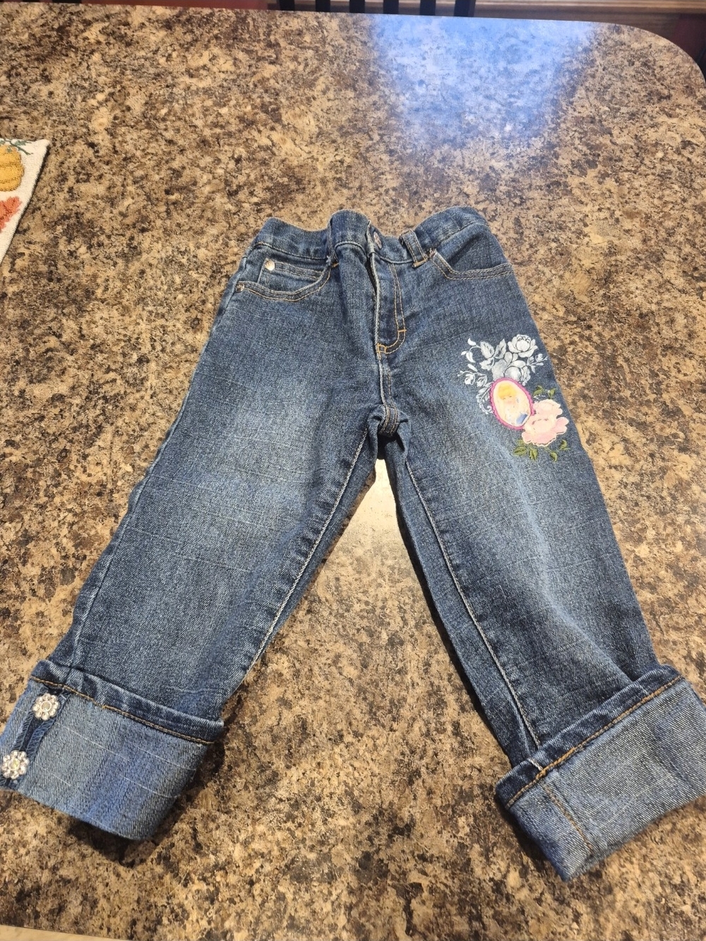 Vintage, Y2K Disney Girls Denim Capris with Floral and Cinderalla Patch - Blue